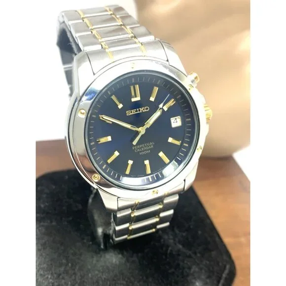 Seiko Men's Watch SNQ010 Quartz Blue Dial Perpetual Calendar Two Tone Steel 39mm